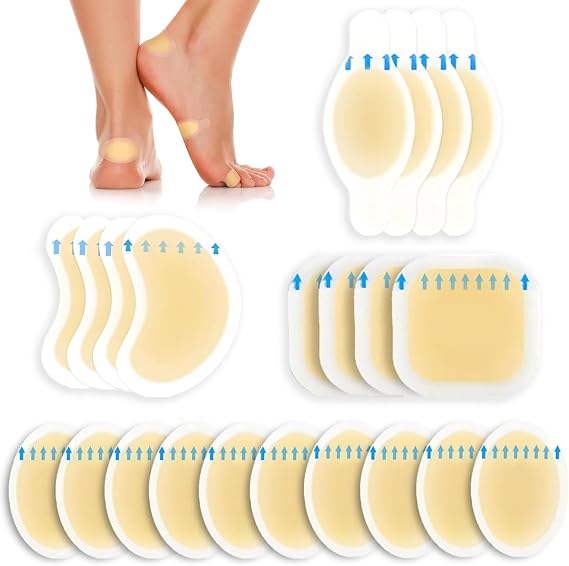 22 Pieces Blister Plasters for Feet - YueXing Invisible Hydrocolloid Gel Blister Bandages - Blister Cushions for Heel, Toe & Foot, Water Resistant Bandages(Variety Pack)