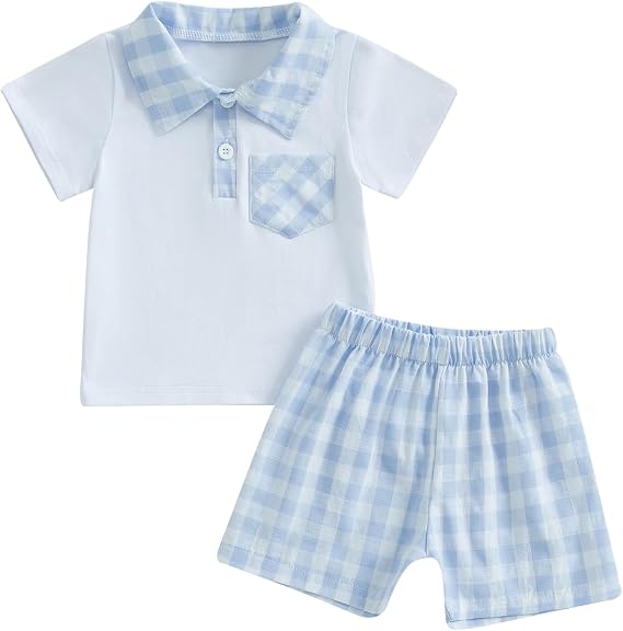 Sasaerucure Infant Toddler Baby Boy Summer Outfit Polo Plaid Short Sleeve T-Shirt Tops and Shorts Set (White, 6-12 Months)
