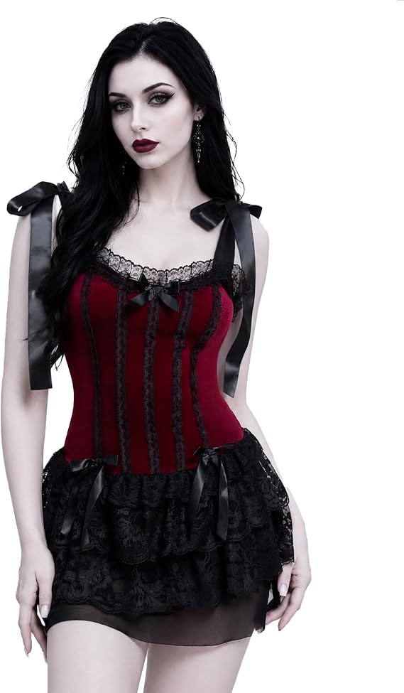 Women Gothic Retro Palace Style Lace Trim Velvet Goth Dress