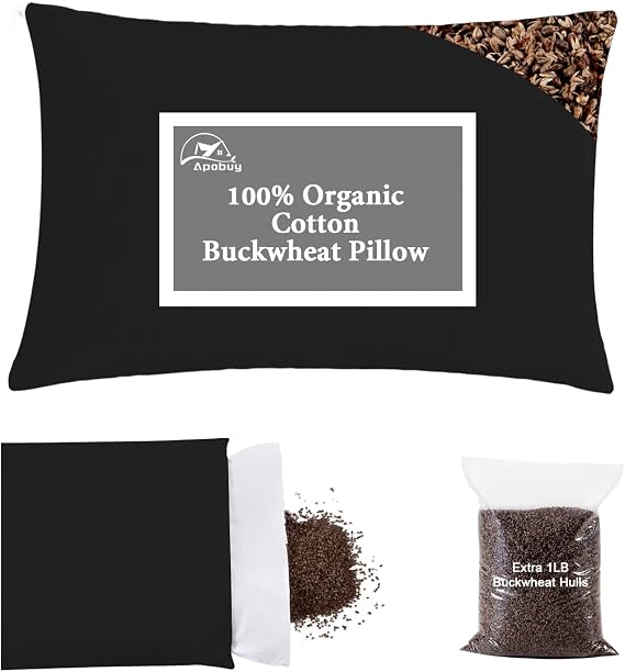 Organic Buckwheat Pillow for Sleeping with Dual-Layer Pillowcase and Extra Tartary Buckwheat Hulls, Adjust Height and Firmness, Neck Support Pillow for Back and Side Sleepers 20"x26", Black