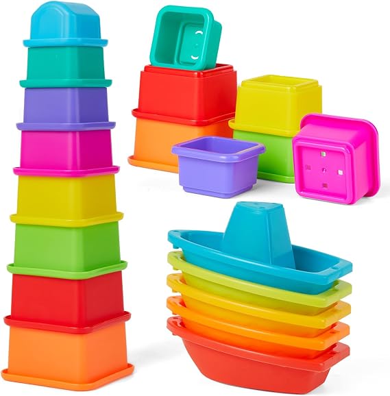 Bath Toys, 13 PCS | Fun, Safe&Educational Stack&Count Stacking Cups with Numbers | Mold Free & Easy Clean Floating Boats | Early Learning Color&Shape Recognition | Easy-Grip Baby&Toddler Bath Toy Set