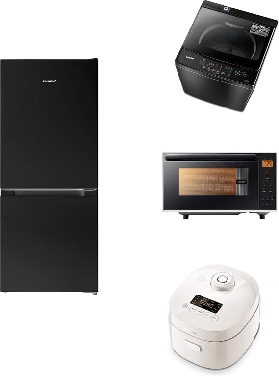 COMFEE' 4 Piece Home Appliance Set, 174L Black Refrigerator + Washing Machine 12.1 lbs 5.5 kg Black + Microwave 5.7 gal 17 L Flat Table + 4 Rice Cookers for Living Alone, New Home Appliance Set