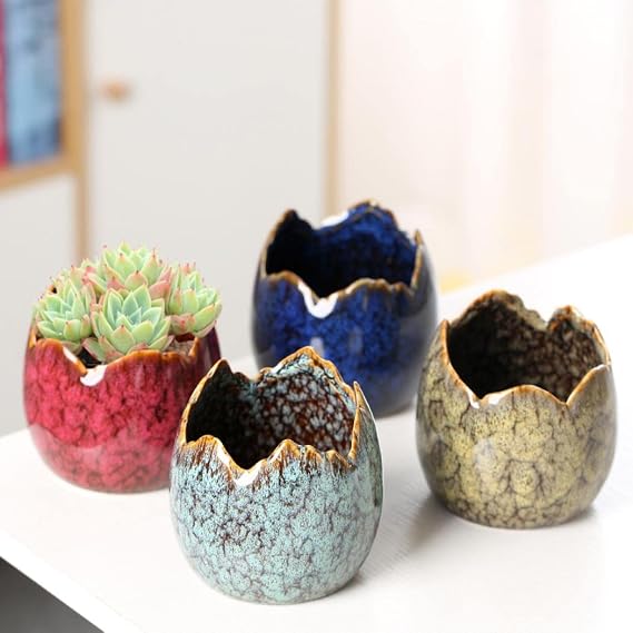 Simcat Succulent Pots with Drainage Half Dragon Egg Shell Design Sets 4 PCS | Cactus Planter Pots, Marble Print, Succulent Plant Pots + Bamboo Tray, Small Bonsai Pot, Home Office Desktop Windowsill Decor