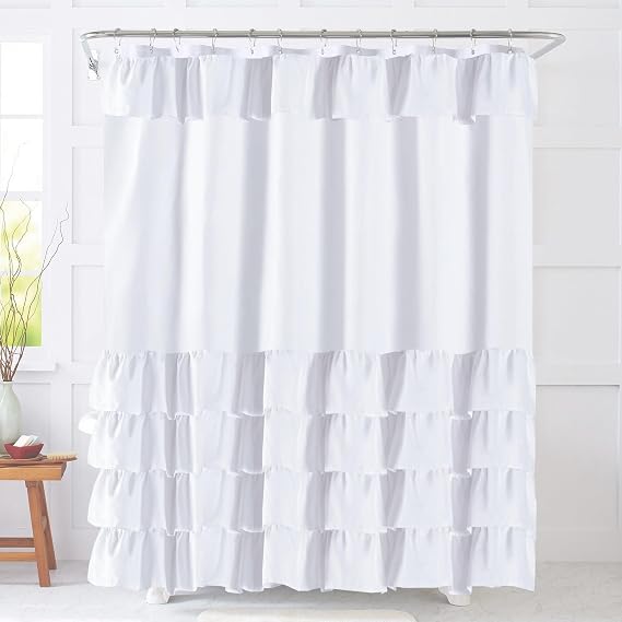 White Ruffle Farmhouse Shower Curtain, Cute Vintage Shabby Chic Fashion Textured Fabric Cloth Bathroom Curtain 72x84 Inch
