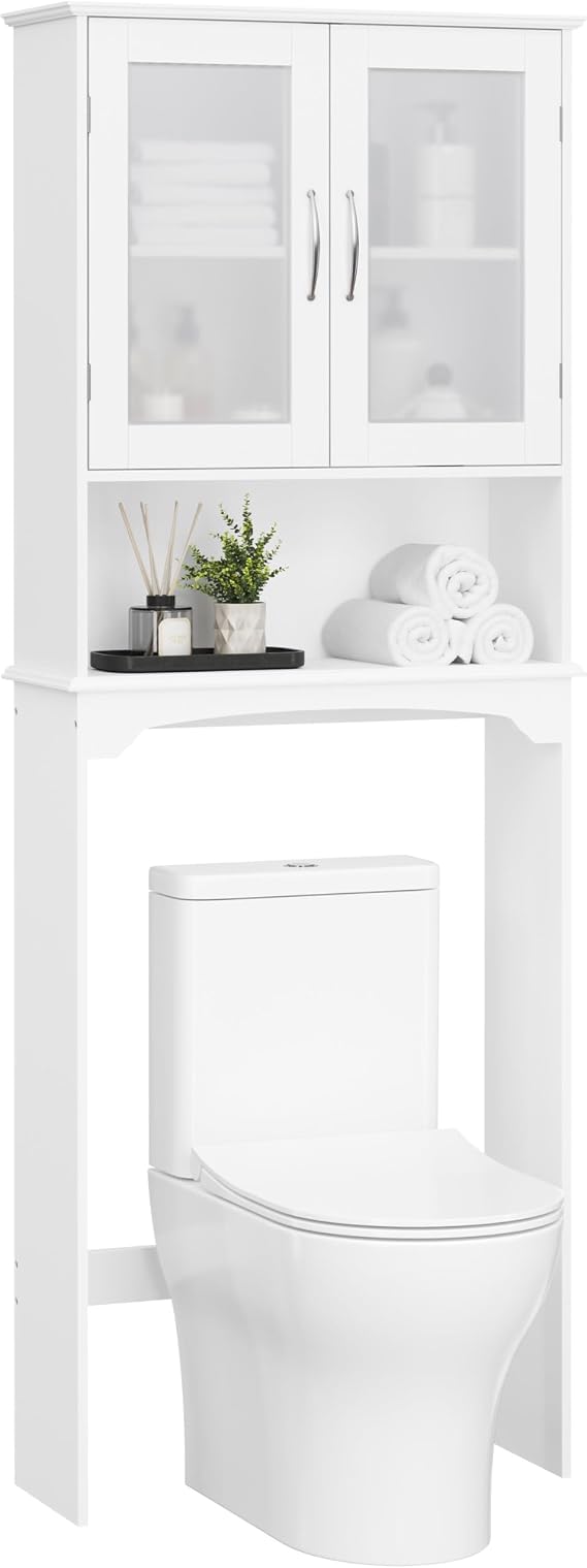 Yaheetech Slim Over the Toilet Storage Cabinet, Frosted Glass Doors, White
