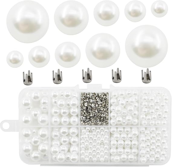 Pearl Setting Machine Accessories Pearl Beads with Rivet Studs Set, Replenishment White Polished ABS Undrilled Art No Hole Imitation Round Pearl Beads, 5 Sizes (White)