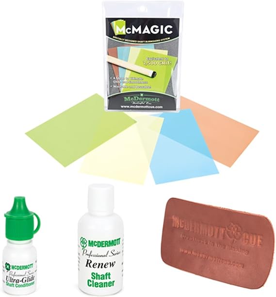 McDermott Billiards Pool Cue Shafts Maintenance Kit McMagic Micro Burnishing Papers + Ultra-Glide Shaft Conditioner + Renew Shaft Cleaner + Leather Pad Shaft Conditioner