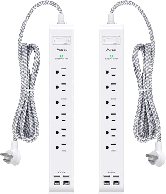 Mifaso 2 Pack Power Strip, 12FT Long Extension Cord, 1080J Surge Protector | 6 AC & 4 USB (2 USB C), Flat Plug Overload Protection, Heavy Duty, Wall Mount Charging Station for Home, Office, Dorm College