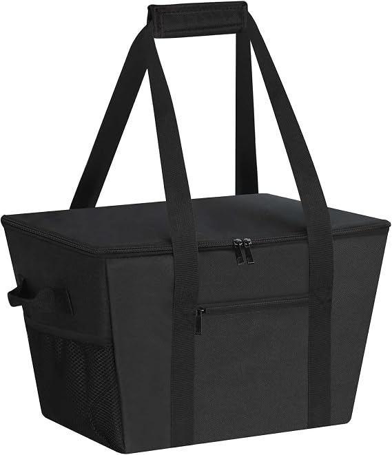 Reusable Grocery Bag Expandable Insulated Cooler Bag with Bottom Board, Collapsible Insulated Shopping Bag with Zipper & Drawstring, Heavy Duty Tote Bag for Shopping, Delivery, Picnic, Beach
