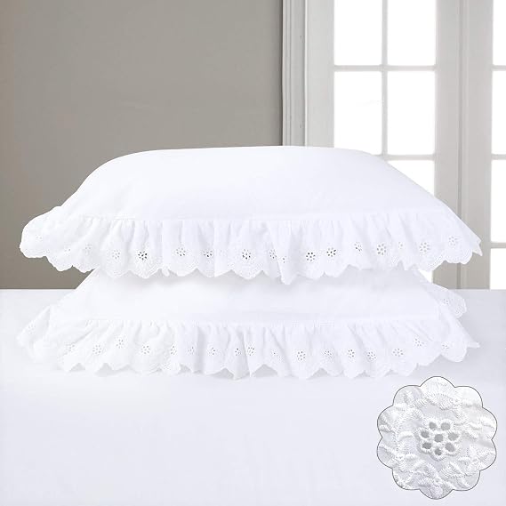 Eyelet Pillow Shams White Lace Ruffled Standard Shabby Chic Set of 2