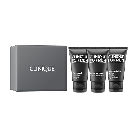 Clinique For Men Shave Gift Set | Face Scrub | Cream Shave | Moisturizing Lotion | Exfoliating + Moisturizing | Includes 3 Travel Size Pieces | Perfect for Him