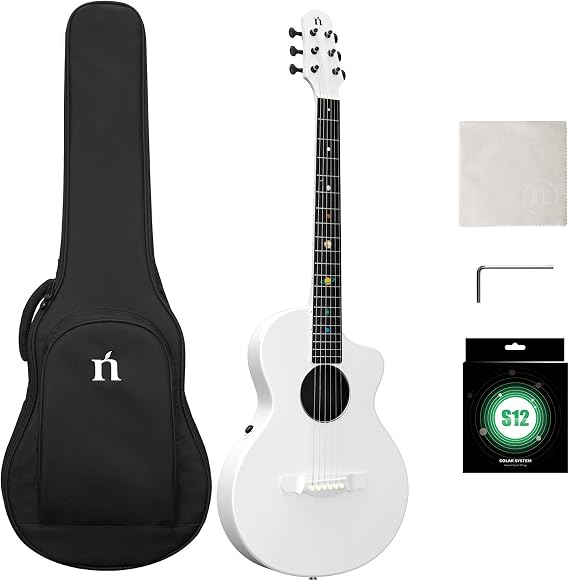 Natasha Carbon Fiber Acoustic Guitar with NSX Pickup, 38-inch Steel-string Guitarra Travel Guitar,Durable 6-string Ultra-thin Guitar for Beginners Intermediate Learners & Adults (White)
