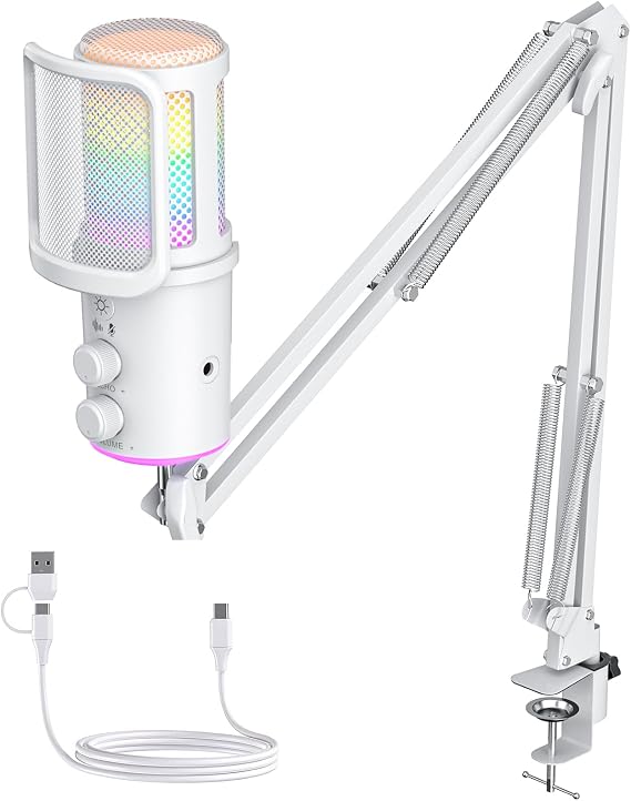 Gaming USB Microphone, Noise Cancellation Condenser Mic with Mute,Boom Arm Mic-Reverb Adjustment, Monitoring for Streaming, Podcasting, Discord,