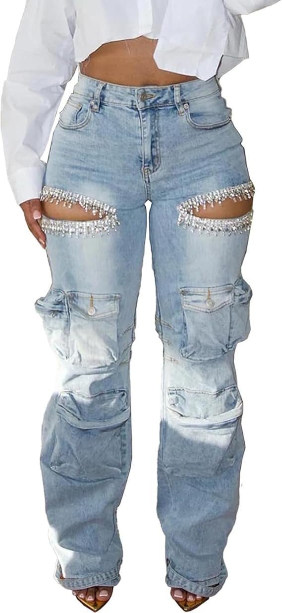 Womens Rhinestone Cargo Jeans Ripped Cut Out Sparkly Sexy Denim Pants