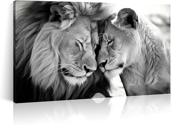LYUNSHUO Lion and Lioness Canvas Wall Art Black and White Animals Couple Pictures Prints Abstract Wildlife Painting Minimalist Artwork for Living Room Bathroom Bedroom Office Wall Decor Ready To Hang