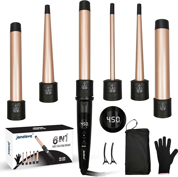6 in 1 Hair Wand Curling Iron - Janelove 180-450F Long-Lasting Ceramic Hair Curlers, 0.35 to 1.25 inch Curling Wand Set for All Women, 100-220V Hair Waver with LCD- Gold