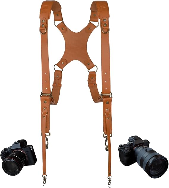 D1 Dual Camera Strap Harness for Photographers,Comfort Padded,Tan | Dual Shoulder Full Grain Leather Harness for 2 Cemras,Adjustable X-Pattern Double Shoulder Sling for DSLR/SLR,Comfort Padded
