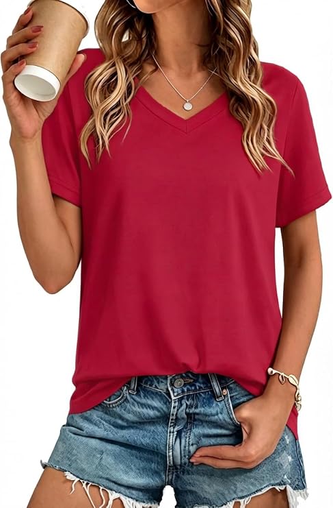 Womens T Shirts V Neck Short Sleeve Summer Tops Casual Basic Tees 2026