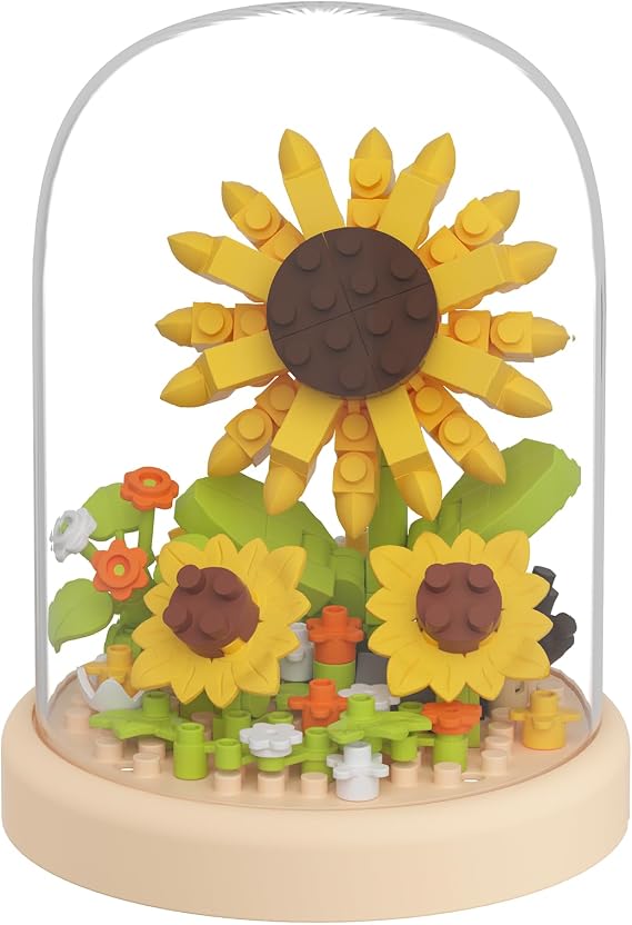 Sunflowers Secret Mini Flower Building Blocks Toy with Dust Cover | Dust cover set creative assembly bonsai tree. Elegant botanical arrangement micro blocks model for home decor bricks