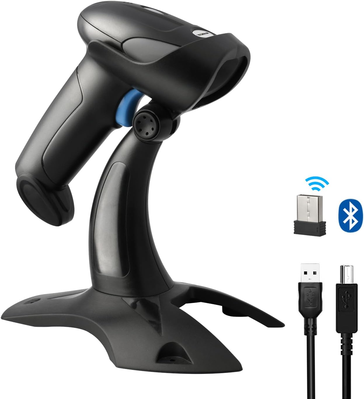 Bluetooth Wireless Barcode Scanner with Stand, Handfrees Automatic Scanning & Manual Trigger Hand Barcode Scanner Gun, 1D 2D QR Code DM Scanner Work with Smart Phone, Tablet, PC