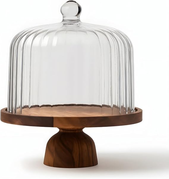 HOMES Akasya Ahşap Standlı Cam Fanus – Ayaklı Kek ve Pasta Sunum Standı, Ahşap Servis Tabağı ve Cam Kapaklı Cake Stand