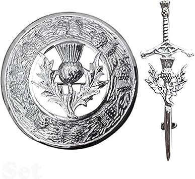 Scottish Thistle Design Kilt Pin and Fly plaid Brooch Chrome Finish
