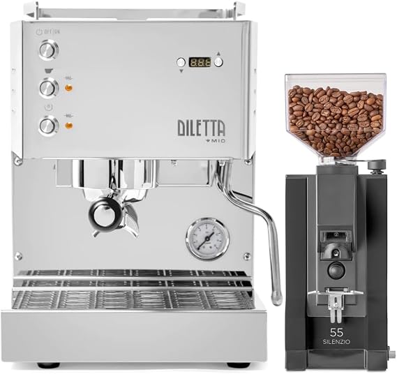 Diletta Mio Espresso Machine (Stainless Steel) Bundle w/Eureka Silenzio 55 Espresso Grinder (Black)