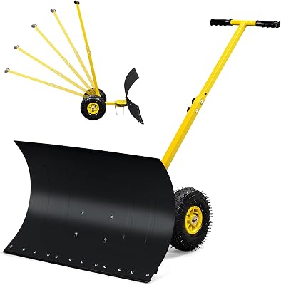Outvita Snow Shovel with Wheels, 29 Wide 18 Long Snow Plow Shovel Angle & Height Adjustable Padded Handle Efficient Snow Clean Tool for Driveway or Pavement Yellow