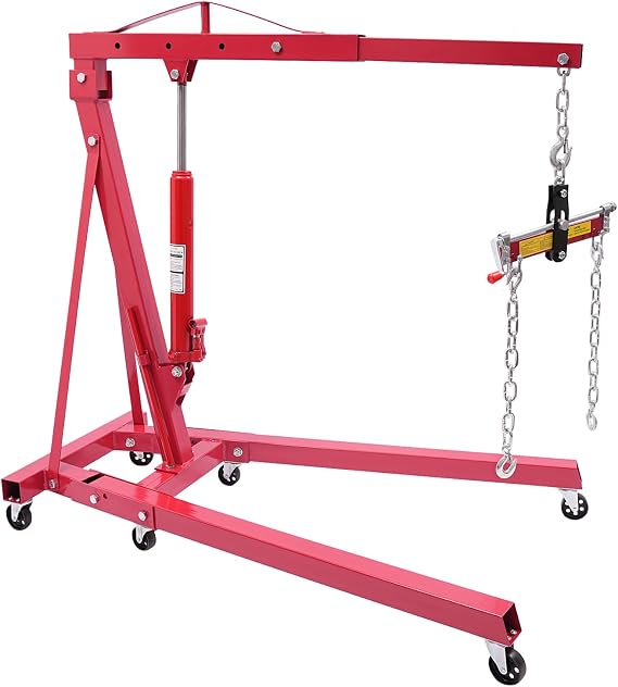 Engine Hoist, 2 TON (4000lbs) Folding Hydraulic Engine Crane, Heavy Duty Steel Hydraulic Shop Engine Crane, Hydraulic Cherry Picker Engine Hoist Lift with 6 Steel Caster Wheels Telescopic Boom Hitch