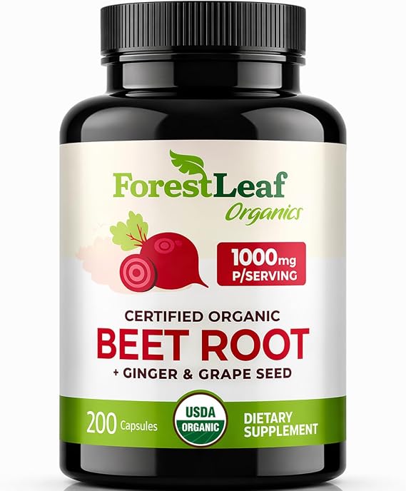 ForestLeaf USDA Organic Beet Root Capsules - Beetroot Supplement 1000mg 20:1 Extract w/Ginger Grape Seed - Support Blood Pressure, Nitric Oxide, Flow, Circulation - Made in USA (200 Count)