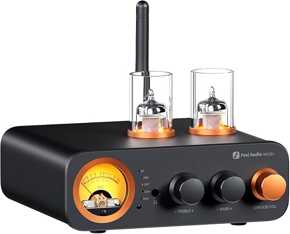 Fosi Audio MC331 Tubular Amplifier with DAC 2 Channel Home Stereo Audio Amplifier for HiFi Shelf Speakers/3.5 mm Headphones Retro VU Meter Preamp with Bluetooth and USB/Opt/Coax/RCA