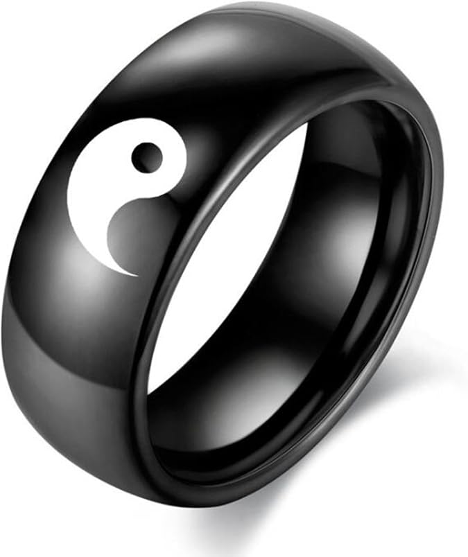 Yin Yang Wedding Band Rings for Men Women Black Silver Tai Chi Balance Matching Engagement Ring for Him Her, Size 5-13