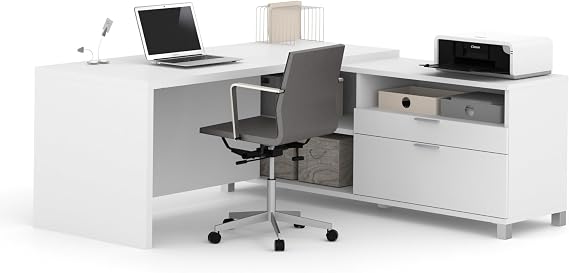 BESTAR Pro-Linea L-Shaped Desk, 72W, White, Large Corner Table for Home Office, Professional Workspace, Personal Work Area or Study