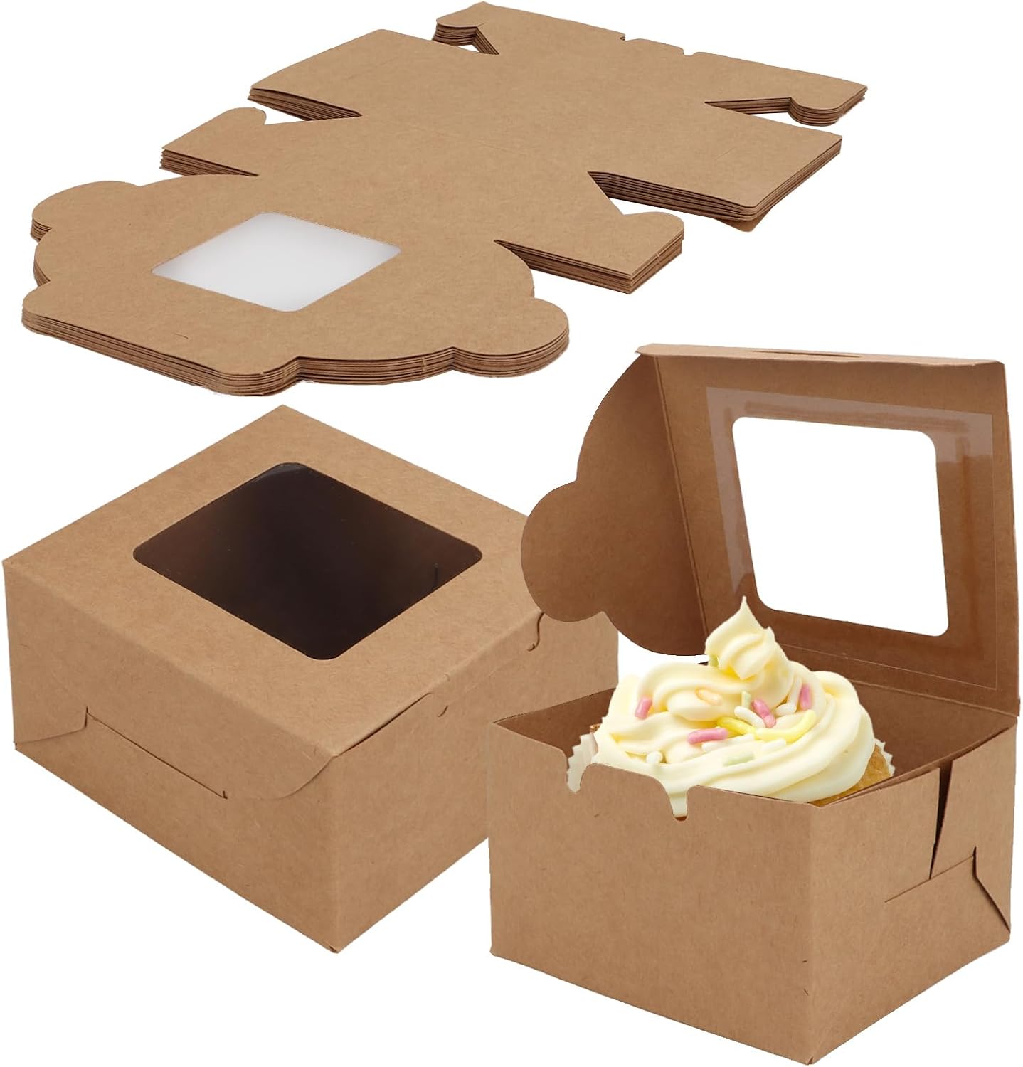 50 Pack Brown Cake Box 4 Inch With Window - Kraft Paper Gift Boxes for Cookies, Muffins, Donuts and Small Portions