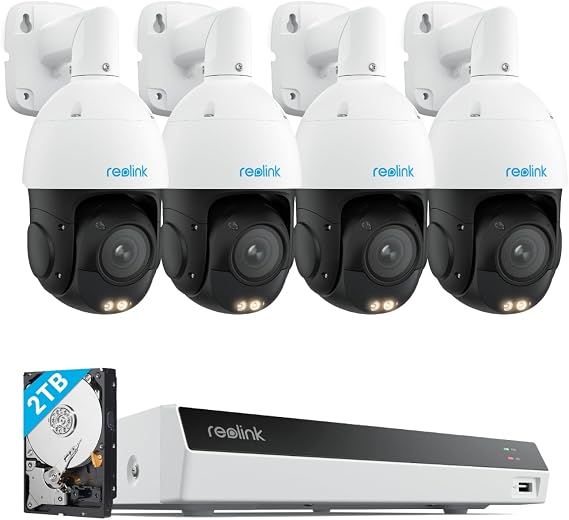 REOLINK 4K PTZ Surveillance System, 4Pcs 4K PoE Security Cameras with 3D 5X Optical Zoom RLC-823S1 Bundle with White 8CH NVR RLN8-410-W, Secure 24/7 Local Storage, Auto Tracks, Human/Vehicle/Pet