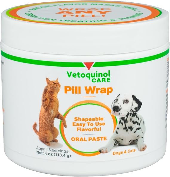 Vetoquinol Pill Wrap Treats for Dogs & Cats 4oz, 56 servings Hides Any Size, Shaped Pill Moist, Flavorful & Shapeable Pill Pocket Paste Easy-to-Swallow Masking Pill Pouch for Training & Treats
