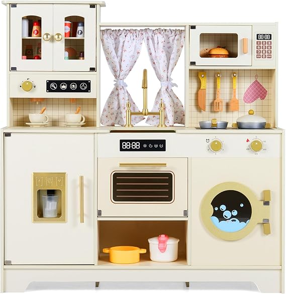 COSTWAY Kids Wooden Kitchen, Pretend Play Kitchen with Stoves, Faucet, Sink, Coffee Maker, Ice Dispenser, Oven, Microwave, Dishwasher, Cupboard & Utensils, Children Chef Role Playset for Boys Girls