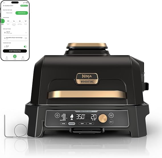 Ninja Woodfire Pro Connect XL Outdoor Grill & Smoker | Bluetooth, App Enabled | 7-in-1 Grill, BBQ Smoker, Outdoor Air Fryer | Woodfire Technology | Built-In Thermometer | Black & Gold | OG951BK1