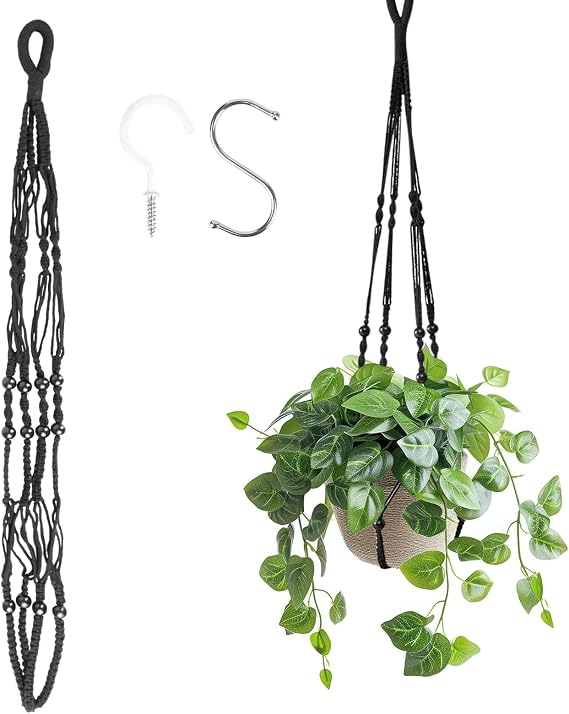 Black Macrame Plant Hanger with 2 Hooks, Cotton Rope Hanging Planter Basket for Decor F4-BZZWGJ
