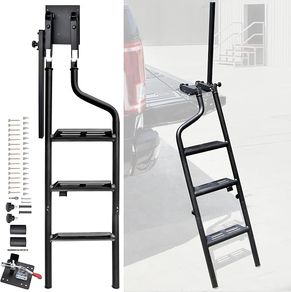Foldable Pickup Truck Tailgate Ladder with Grab Handle, 42 Heavy Duty Universal Folding Tailgate Step Ladder with Handrail for Ford F150, Dodge RAM 1500 etc. Pickup Truck Accessories