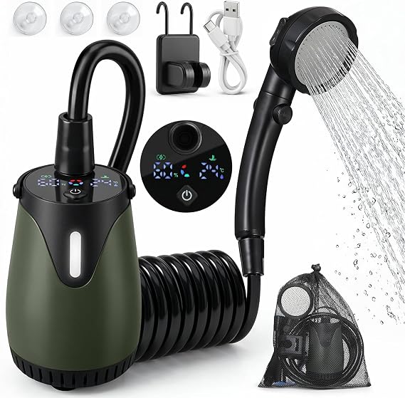 Portable Camping Shower 8000mAh Rechargeable Outdoor Shower with LED Display, IPX8 Waterproof, 4 Spray Modes, 5-Level Water Pressure & Colorful Ambient Light for Camping, Hiking, Beach, Pet Bathing
