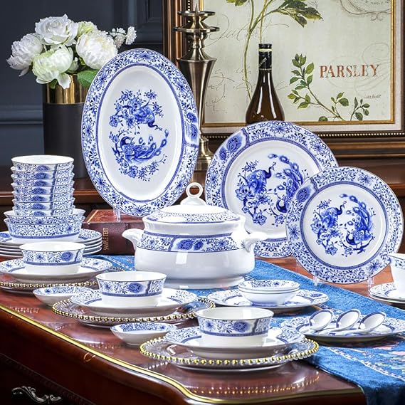Celadon Tableware 60pcs Set China Flatware Luxurious Jingdezhen Chinaware Dinnerware Set Bowls Plates Handmade Artwork Ceramics Porcelain Bowl Sets Gift, Normal, As shown in pictures.