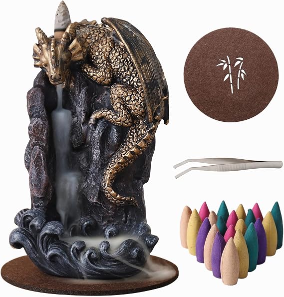 Dragon Backflow Incense Holder Waterfall Incense Burner, with 100 Backflow Incense Cones,1 Mat,1 Tweezers,Aromatherapy Ornamental for Home Office Yoga (Golden Dragon)