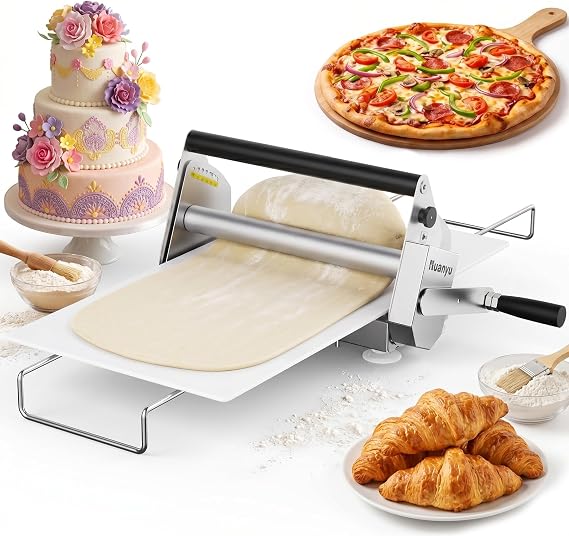 Huanyu 12" Manual Dough Sheeter, 0.1-17.5mm Foldable for Home & Bakeries | 10 Thickness Levels, Non-Stick Rollers, Space-Saving, Tool-Free Assembly, Easy Clean, for Croissant Pizza Fondant