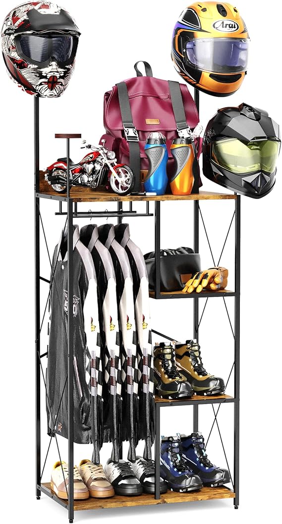 4 Tier Floor Standing Motorcycle Helmet Holder, Large Motorcycle Gear Rack 4 Helmet Hanger, 3 in 1 Gear Storage Helmet Storage Rack