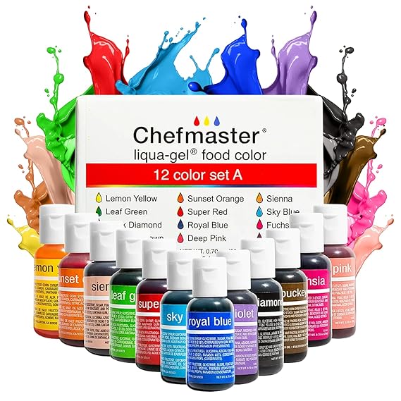 Chefmaster - Liqua-Gel Food Coloring - Fade Resistant Food Coloring - 12 Pack - Vibrant, Eye-Catching Colors, Easy-To-Blend Formula, Fade-Resistant