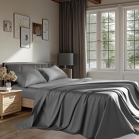 100% Egyptian Cotton Sheets 1200 Thread Count King Size 4 Pcs Bedding Sets Fitted Sheet Up to 16" Deep Soft Breathable (King, Dark Gray)