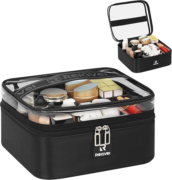 Relavel Makeup Case, Travel Makeup Artist Bag with Plastic Dividers, Black