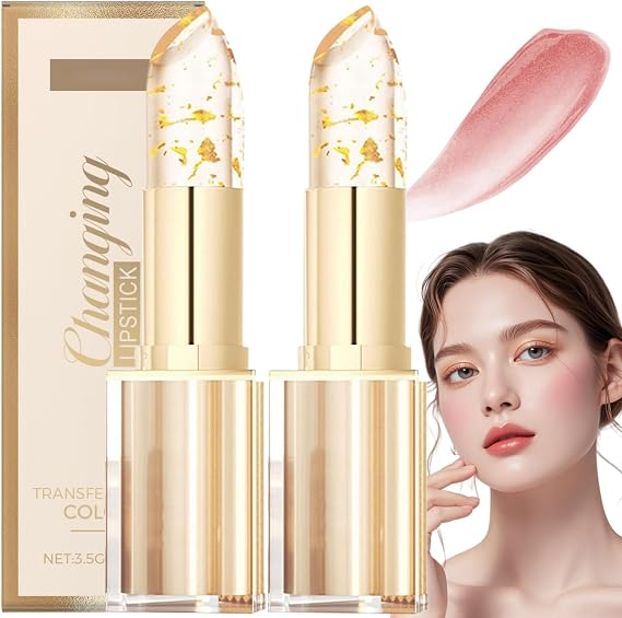 2Pcs Color Changing Lipstick with Gold Foil,Transfer-Proof Colour Changing Lipstick,Long Lasting Lip/sticks 24 Hours with Gold Foil, Lipsti/ck with Go/ld Fo/il Crystal Shine,Hydration Lip Gloss