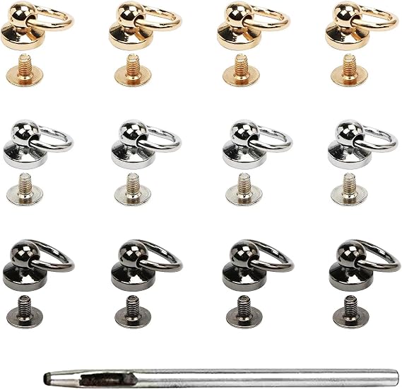 Leather Rivets 12 PCS Brass Ball Studs Screw Rivets, 360 Degree Rotatable D Ring for Purse Hardware for Bag Making Handbag Phone Case Belt DIY, Leather Craft Accessories- 3 Color